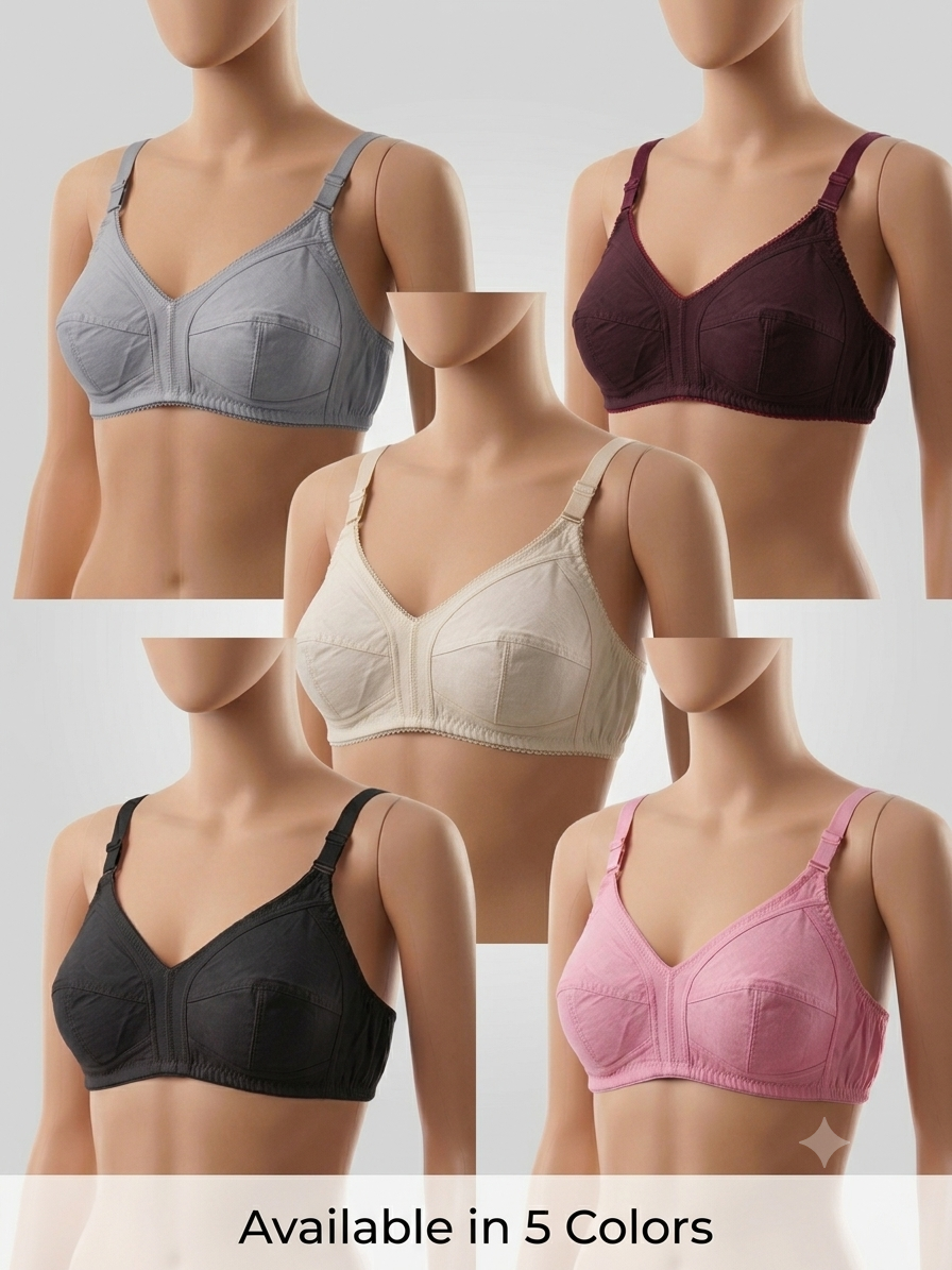 Premium Cotton Non-Wired Bra – Pack of 5 | Everyday Comfort Bra for Women plain (Sizes 32-42)