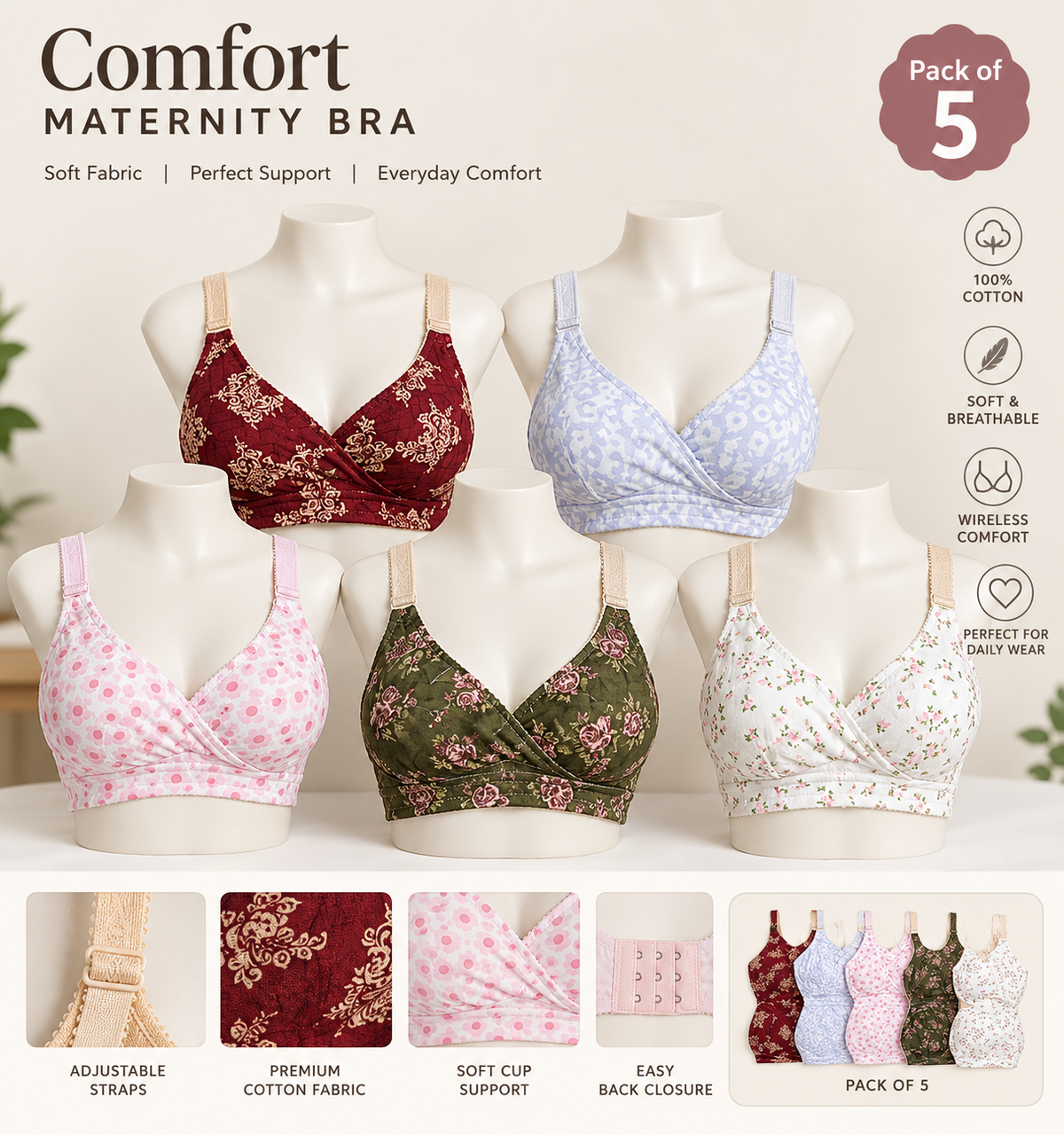 Non-Padded Cotton Bra – Breathable Printed Design (Pack of 5)