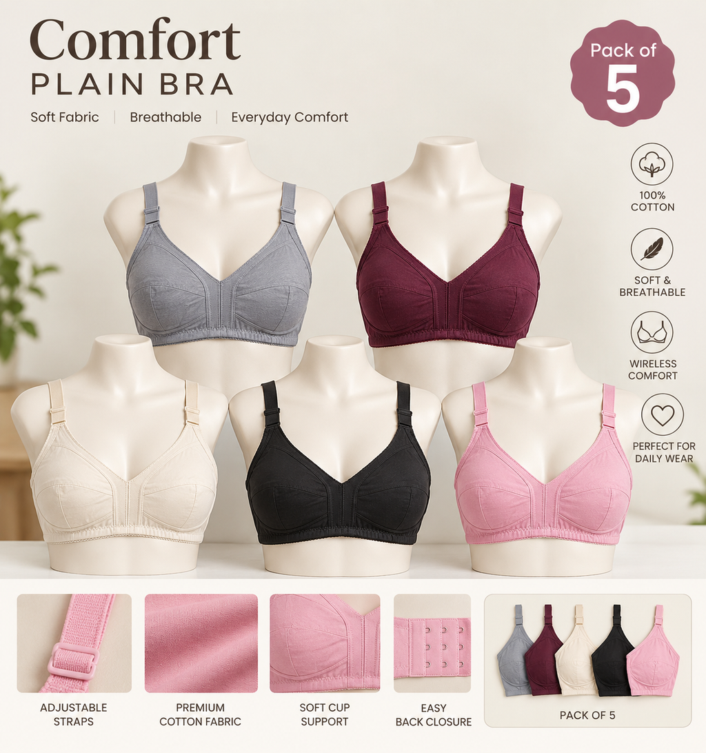 Premium Cotton Non-Wired Bra – Pack of 5 | Everyday Comfort Bra for Women plain (Sizes 32-42)