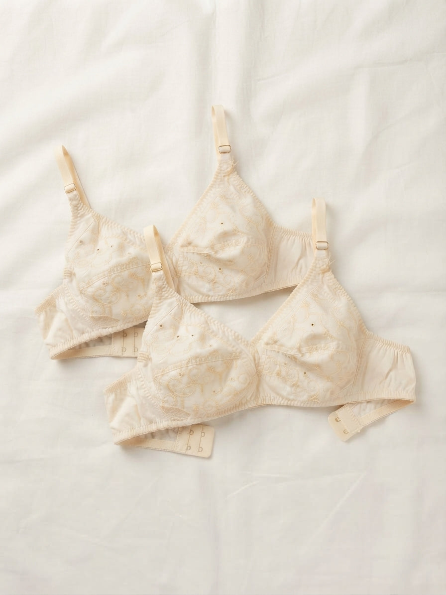 Pack of 2 Embroidery Bra - Comfortable Non-Padded Cotton Bra for Women