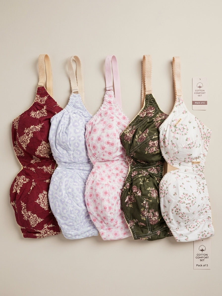 Non-Padded Cotton Bra – Breathable Printed Design (Pack of 5)